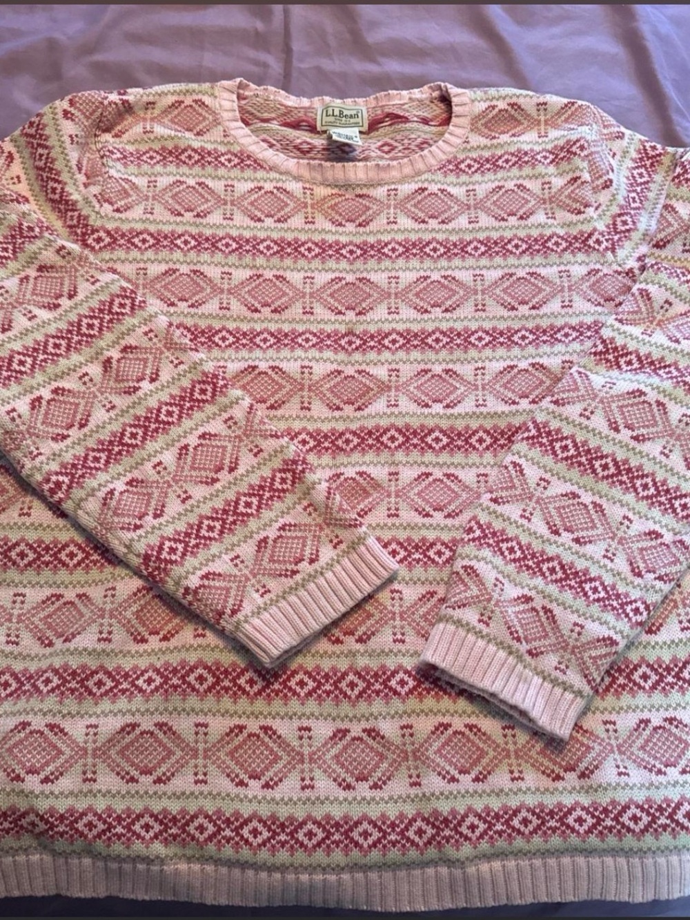 L.L. Bean Pink and Cream Fair Isle Crewneck Sweater
